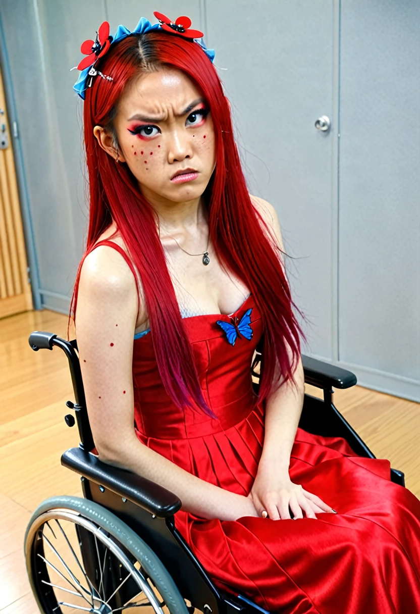 Uhd, photo of Cami, subject: Noriko, 1/2 Japanese 1/2 Hainu skinny girl in 2/00 a large red wheelchair with long red hair, blue+++ eyes, oval face, LGBTQIA+, queer, punk style, wearing red long dress, buttefly hairclip, tattooes. She is very angry and looks towards the camera..