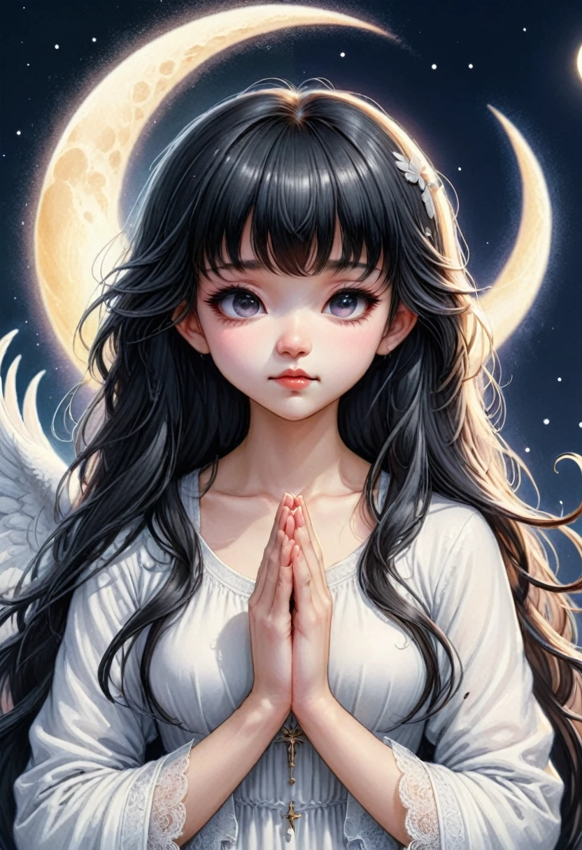 A girl, Left half white angel, The right half of the black devil, Anime style, All have bangs and long hair, Hands praying, Background with white half moon, Close your eyes, Lovely, detailed art style, Pastel, number, fantasy, Artistic Germ Style