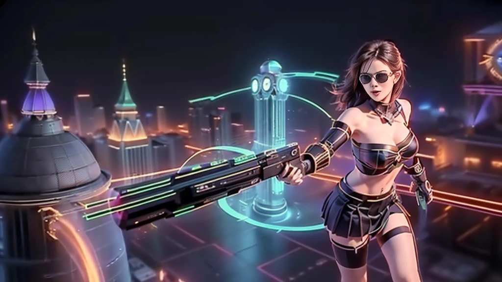 (aerial view). at night, futuristic sci-fi cyberpunk city, broad viaduct, skyscrapers at the end of the viaduct, the movie "13th Floor" style, (((((voltex-spirit-spreading giant clock tower as time machine))))), hq. Matrix style, at night, (1girl, solo), photo realistic, (large-breast:1.2 slim body, cleavage:1.3), (((tube top, extreamly short pleated (((miniskirt))) exposing panty))), (((((matrix style black sunglasses))))), (((((aiming at camera with a (short pistol)))))), (((half-body (thigh level) medium shot))), (cinematic lighting).