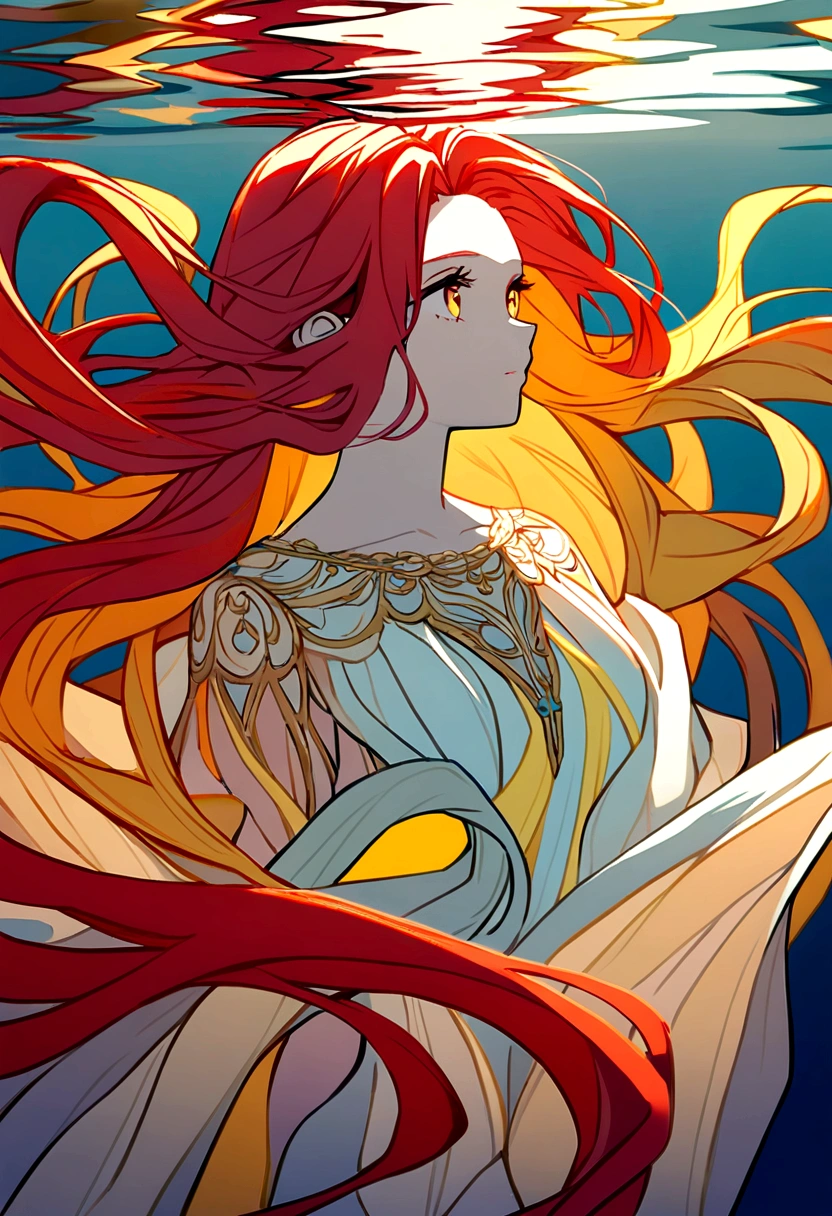 Girl underwater, long red flowing hair, Angel wings, orange-yellow and white lily flowers