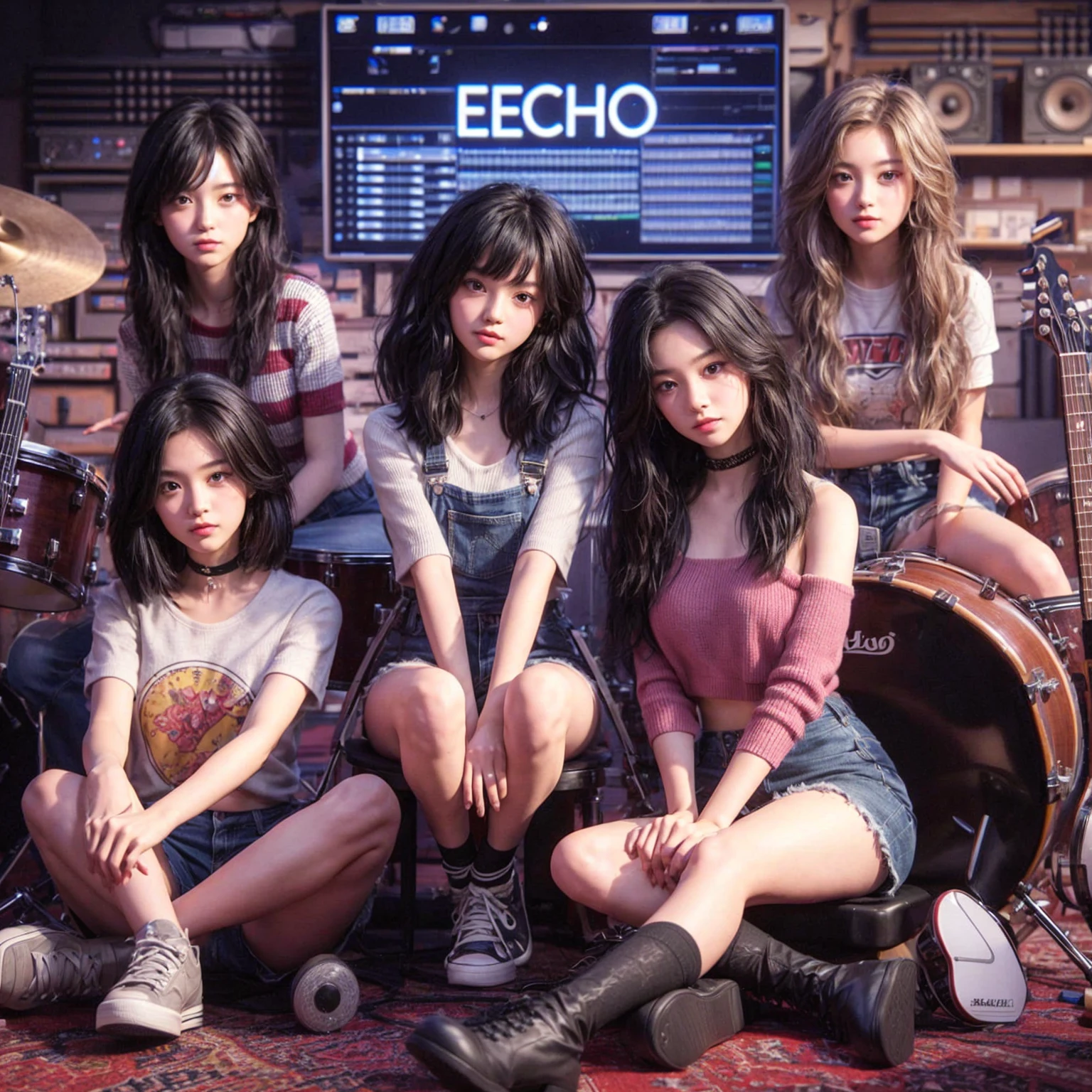 **Photo of 5 beautiful girls, aged 18 to 20, sitting:**

- **3 girls with messy black hair**
- **1 girl with wavy bob black hair**
- **1 girl with a black ponytail**

One girl is playing the drums, one girl is playing the piano, one girl is playing the bass guitar, one girl is playing the guitar, and one girl is singing. They are sitting behind a board with the word "ECHO" written on it. The background is a music studio, complete with drums, guitars, bass guitar, and piano. The image is ultra HD, 4k, photorealistic, raw, and a masterpiece.