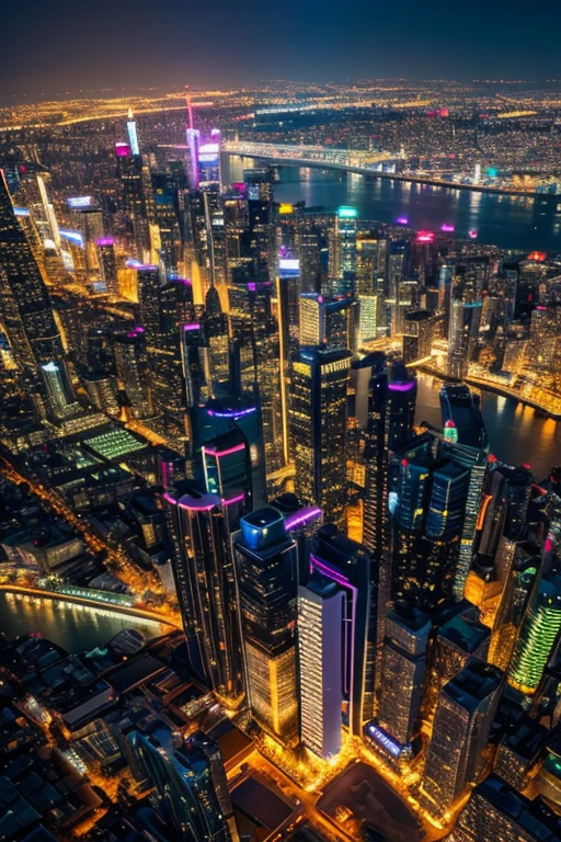 Highest quality、8K、Night view、Golden neon city of the future、Watching from on high、Colorful, shining high-rise buildings