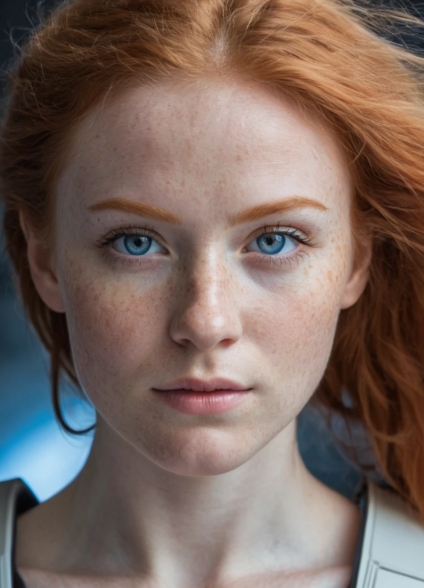photo of a ginger woman, in space, futuristic naked, (freckles:0.8) cute face, sci-fi, dystopian, detailed eyes, blue eyes