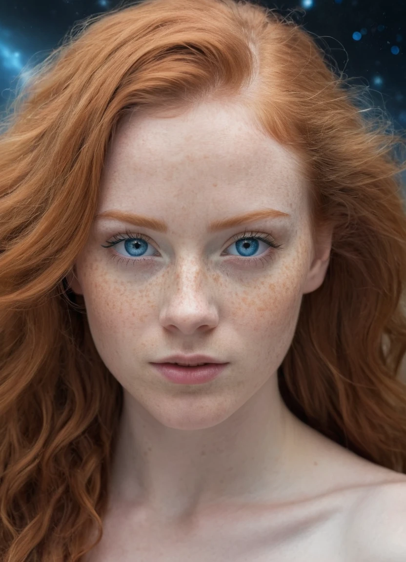 photo of a ginger woman, in space, futuristic naked, (freckles:0.8) cute face, sci-fi, dystopian, detailed eyes, blue eyes