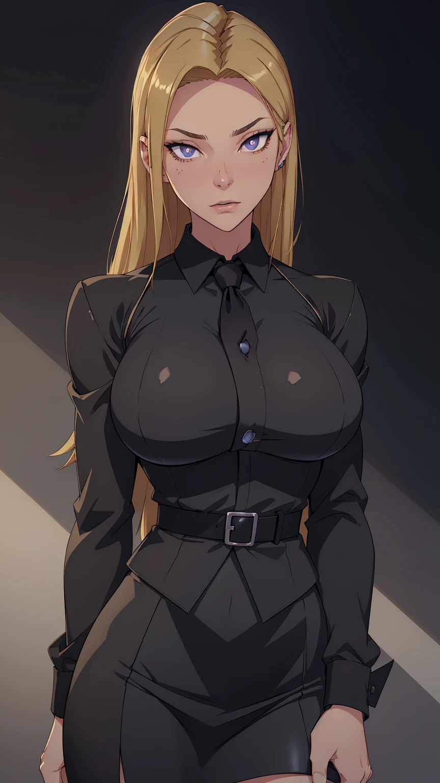 blonde hair, long hair, green eyes, body builder (Wearing black business outfit, black_collared shirt cropped jacket ,tie,necktie,black frilled skirt, garter straps, leather waist belt) (big perfect round breasts,hourglass body, thin waist,very thin waist, Photo realistic,(hyperrealistic:1)beautiful, masterpiece, best quality, extremely detailed face,perfect face,beautiful face, perfect lighting,detailed eye makeup, detail face, nice detailed eyes,nice hands, perfect hands,glowing eyes (realistic pupils,realistic iris:1) heavy eye makeup,