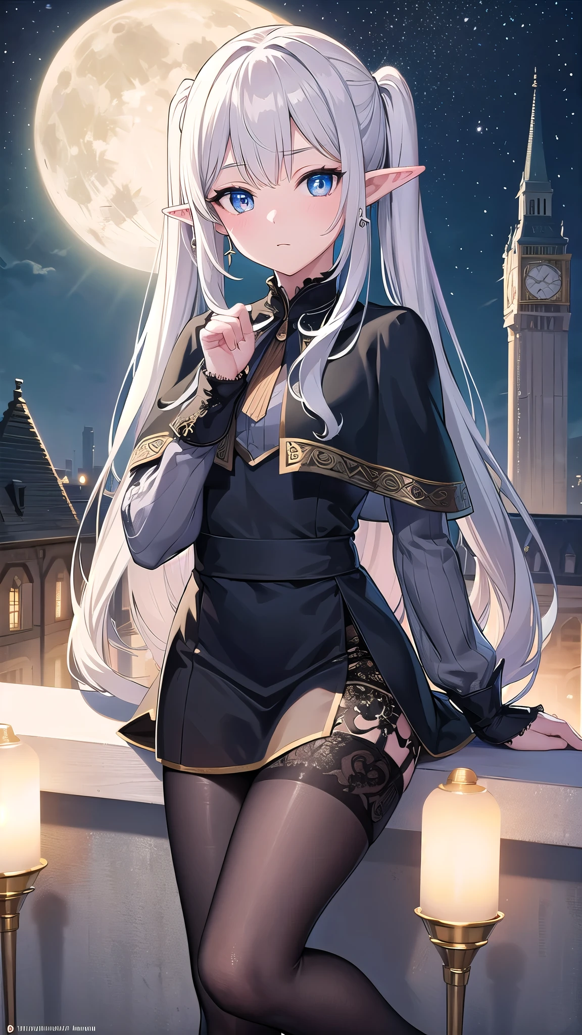 frieren, frieren, grey long hair, twintails, grey hair, pointy ears, elf,green eyes,
BREAK shirt, long sleeves, jewelry, pantyhose, earrings, striped,stockings, capelet, striped shirt,
BREAK looking at viewer, upper body, (full body:1.2),
BREAK outdoors, sky, castle, night, lights,moon, stars, starfall,
BREAK (masterpiece:1.2), best quality, high resolution, unity 8k wallpaper, (illustration:0.8), (beautiful detailed eyes:1.6), extremely detailed face, perfect lighting, extremely detailed CG, (perfect hands, perfect anatomy),