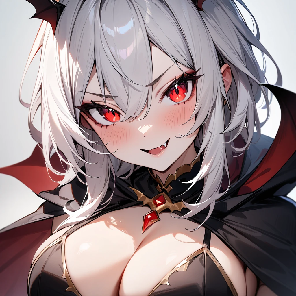 Bat girl,White hair,red eyes,Solo,portrait,Cleavage, fang vampire,Black Cape,masterpiece, best quality, very aesthetic, absurdres masterpiece, best quality, very aesthetic, absurdres masterpiece, best quality, very aesthetic, absurdres,looking at viewer,