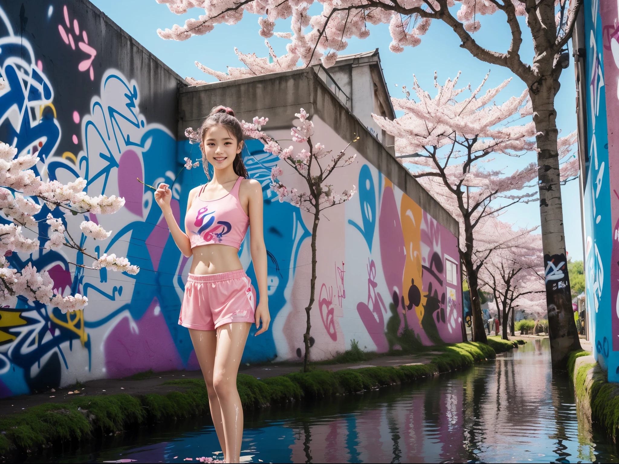 1girl, medium wide shot, (full body:0.8), (detailed face), (looking at viewer:1.2), smile, medium length hair, wet peach colored sportswear, mystical, supernatural, (cherry blossom tree on water:1.2), shimmering waterfalls, (graffiti walls:1.3), water reflection, magical atmosphere, enchanting luminescent glow, (best quality), masterpiece, vibrant and contrast color, (12yo, cute:1.2), (breasts:1.2),