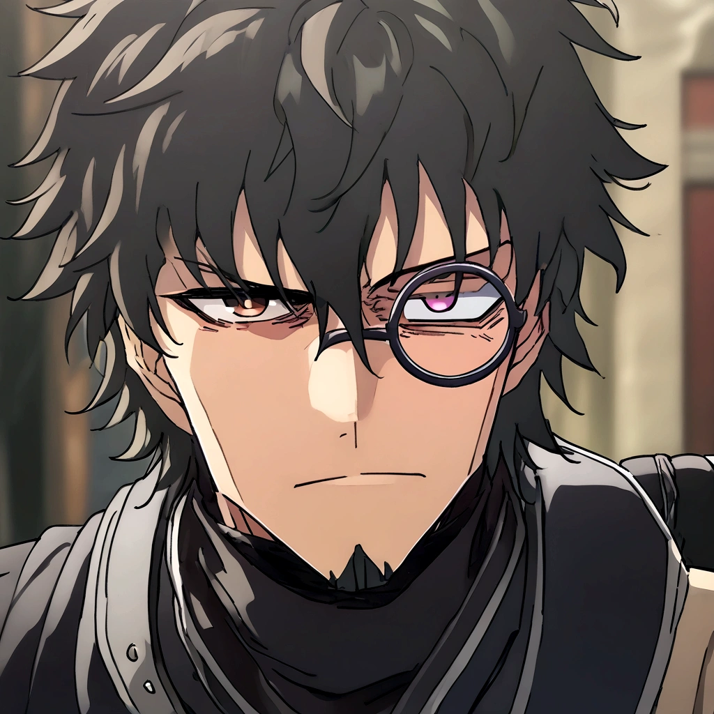 Anime man, shaved beard, cold face expression, black fluffy messy hair, unique black suit, cool, ((best quality)), black scarf, black waist straps, Fanny pack across shoulder, circle glasses, black turtleneck collar, eye bags