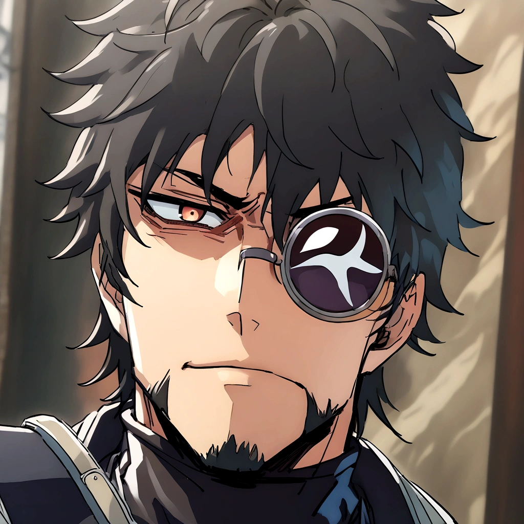 Anime man, shaved beard, cold face expression, black fluffy messy hair, unique black suit, cool, ((best quality)), black scarf, black waist straps, Fanny pack across shoulder, circle glasses, black turtleneck collar, eye bags