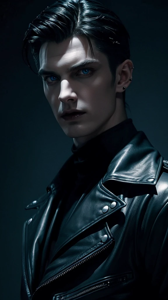 a tall handsome vampire with piercing blue eyes, pale skin, sharp fangs, mesmerizing gaze, wearing a black leather jacket, dark mysterious expression, dramatic lighting, cinematic composition, dark brooding atmosphere, gothic horror, moody color palette, high contrast, dramatic shadows