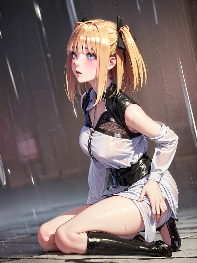 masterpiece, High resolution, high quality, Detailed face, Detailed body rendering, One girl, alone, Sleeveless outfit, Sleeveless shirt, Fishnet top, Black Lips, Unzipped jacket,, Exposing breasts, Nipples, Are standing, blushする, ((Full Body Shot)) , ((length, Thin legs)), 1 Girl, eye_Chan, Very beautiful 17 year old girl, innocent big eyes,、Beautiful breasts:1.5、非常に詳細なeye:1.2)、(Beautiful breasts:1.1)、((blonde))、(length Bob Hair), short hair, Twin tails、, Perfect Skin, Fair skin, Small breasts, Tight waist, ((Perfect hand shape)),The whole body is drenched by heavy rain、The whole body is drenched by heavy rainの服、High heels、 ((Perfect hand shape))、(Perfect foot shape、Embarrassed expression、blush、Gestures to seduce a man、Shining Sweat、Perfect Skin,汗がeye立つ、太ももの汗がeye立つ、 Fair skin,Tight waist, Sweating profusely、Sweaty hair、Sweaty clothes、Sweaty、eye立つ汗、rain-wet hair、A vast Western church with stained glass windows