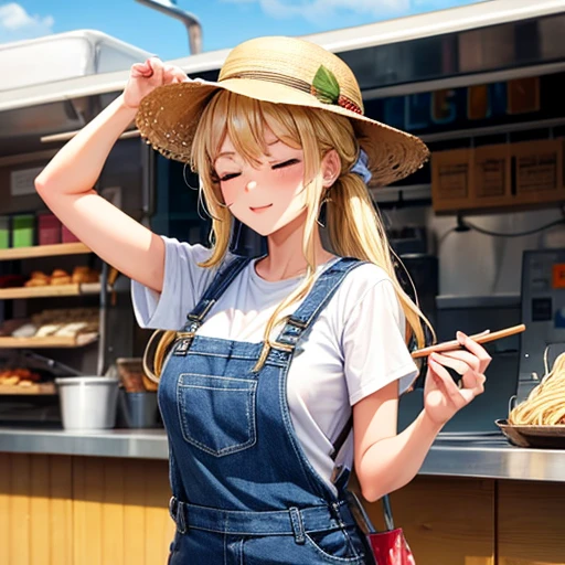 A woman making udon noodles　Eyes closed　Overalls　Blonde　Food truck　Wearing a hat