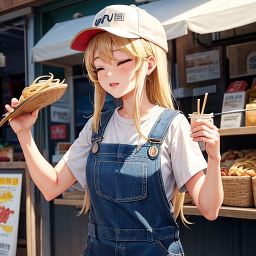 A woman making udon noodles Eyes closed Overalls Blonde Food truck Wearing a hat