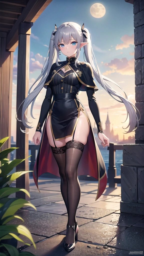 carmilla, (( medium breasts,  white hair,  beautiful face,  blue eyes ,military uniform, советская military uniform )), (masterpiece1.2),  better quality, absurdities,  High resolution, Extremely detailed wallpaper,  Perfect lighting , from below, Blue eyes, ((castillo, View of the castle, outdoors, de Evening, Evening, at night)),(((breasts, heels, high heels, ingerie , stockings, Black stockings))) 