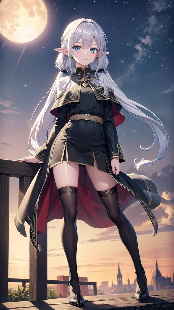 frieren, frieren, grey long hair, twintails, grey hair, pointy ears, elf,green eyes,
BREAK shirt, long sleeves, jewelry, earrings, striped,stockings, capelet, striped shirt,
BREAK looking at viewer, upper body, (full body:1.2),
BREAK outdoors, sky, castle, night, lights,moon, stars, starfall,
BREAK (masterpiece:1.2), best quality, high resolution, unity 8k wallpaper, (illustration:0.8), (beautiful detailed eyes:1.6), extremely detailed face, perfect lighting, extremely detailed CG, (perfect hands, perfect anatomy),