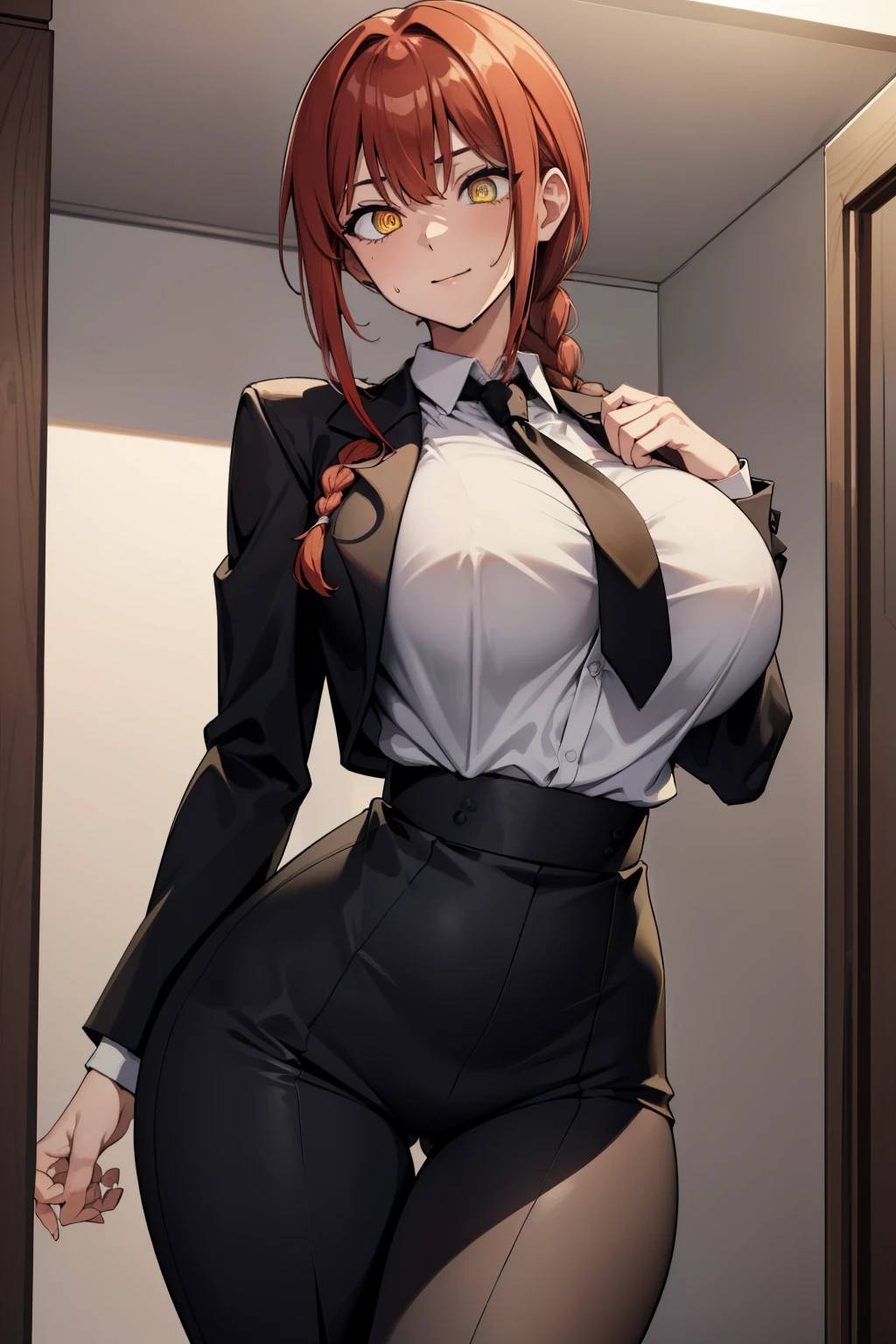 makima, long hair, smile, bangs, (yellow eyes:1.2), braid, red hair, braided ponytail, ringed eyes, BREAK shirt, long sleeves, jacket, white shirt, necktie, collared shirt, pants, black jacket, black pants, formal, suit, black necktie, shirt tucked in, office lady, BREAK indoors, office, BREAK looking at viewer, BREAK (masterpiece:1.2), best quality, high resolution, unity 8k wallpaper, (illustration:0.8), (beautiful detailed eyes:1.6), extremely detailed face, perfect lighting, extremely detailed CG, (perfect hands, perfect anatomy),BREAK 艶かしい目つき,A lewd look,Pervertな目,(large breasts,busty),wide tits,wide ass,(curvin waist),full bust,slender,(Very thin_Waist:1.4),((Poses that accentuate large breasts)),((breast focus)),Lust,Undressing,Estrus,sweat,Heavy breathing,Pervert,Slut,((Tight big breasts)),breast close-up