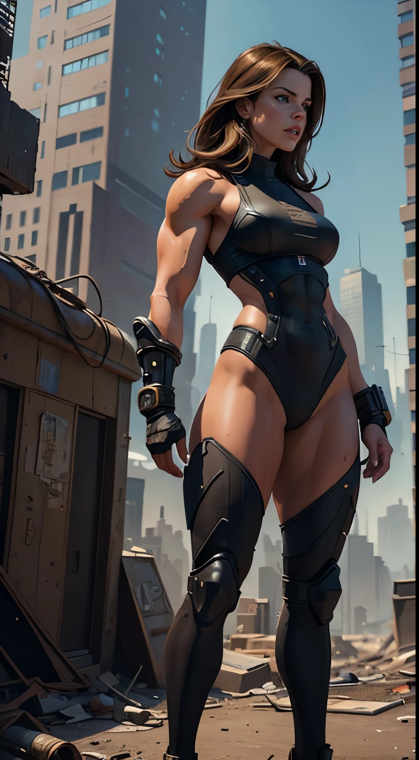 Full body shot, Muscular women female bodybuilder body type profile - large bulky female muscles, Foto hiperrealista en primer plano de Kate Beckinsale, masterpiece, best quality, (photorealistic:1.4),  Create dystopian masterpieces. Depict the cityscape in the gritty style of the game's concept art. This work should evoke a sense of abandonment and despair in a futuristic, post-apocalyptic world. Notice the intricacies of detail, the sharp focus.