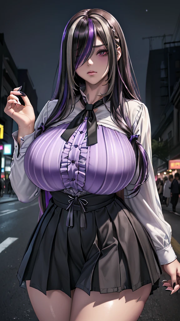 (in 16K、A high resolution、Best Quality、 masuter piece、unreal engine、amine、top-quality、From the thighs up:1.2),(Natural Skin Texture、Detailed skin、Beautiful skin、ultra sharpness),intricate detailes、Extraordinary beauty,(((gigantic breasts,voluptuous body、1 cute woman,20 to 25 years old,adult lady,sadako from the ring,Black nails,))),(an extremely cute and beautiful face:1.2),(((,big eyes,sharp eyes,eye bags,eyelash extension,pale skin,black hair,very long straight hair,jirai fashion,))),(独奏,hair over oen eye,empty eyes,Expressionless,darkness,Dark atmosphere,streaked hair with violet,highlights hair:1.6)(black bolo tie,white dress shirt,Black high waist pleated skirt:1.3),(Late Night,bustling street,crowd,dim:1.5),