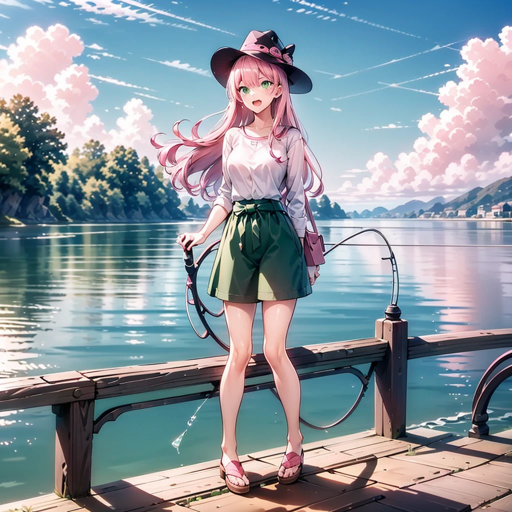 (1 Girl: 1.1) ,((Pink Hair)),((Green Eyes)), Angler, With fish, Expression of joy, hat, river, boat