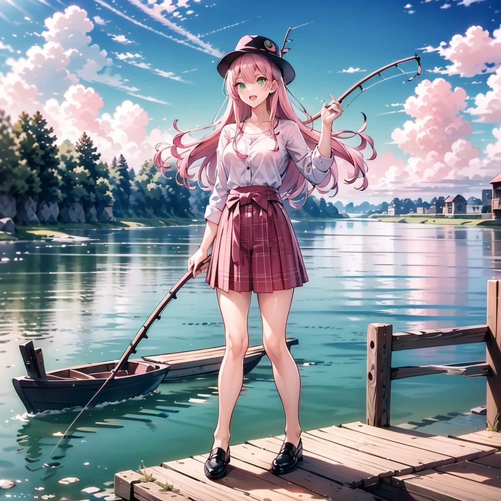 (1 Girl: 1.1) ,((Pink Hair)),((Green Eyes)), Angler, With fish, Expression of joy, hat, river, boat