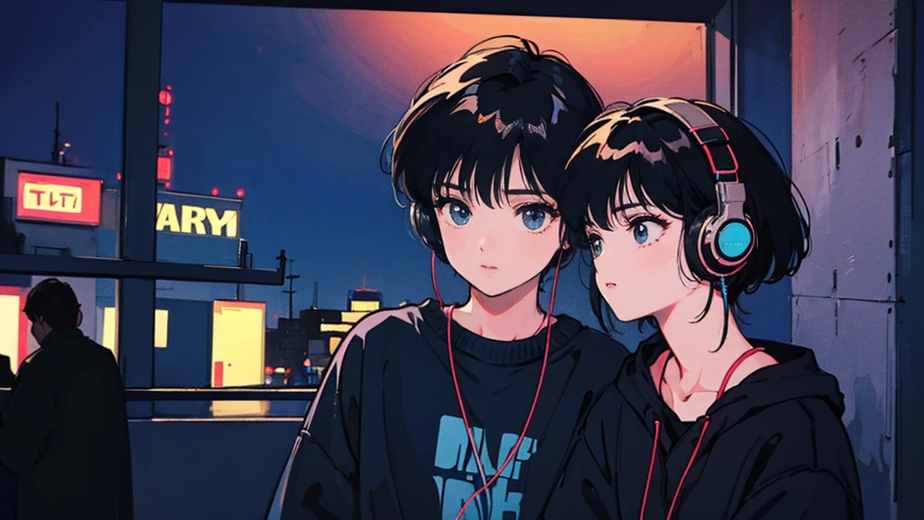Black short Hair, Black Clothing, One Adult Woman ,Blue headphones、 City、Delicate background、Masterpiece、night、dark、Nostalgic、壁