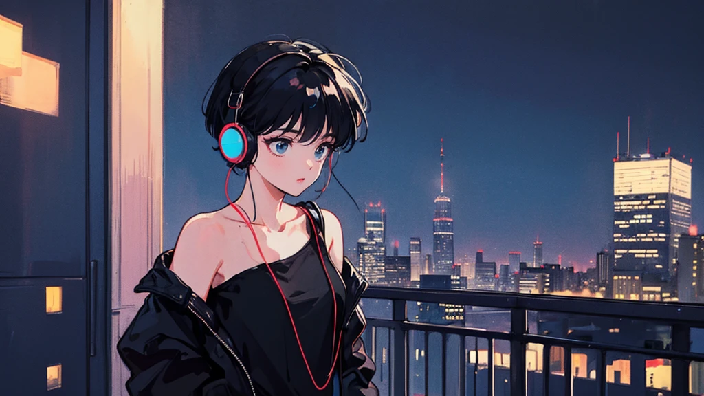 Black short Hair, Black Clothing, One Adult Woman  ,Blue headphones、 City、Delicate background、Masterpiece、night、dark、Nostalgic、壁
