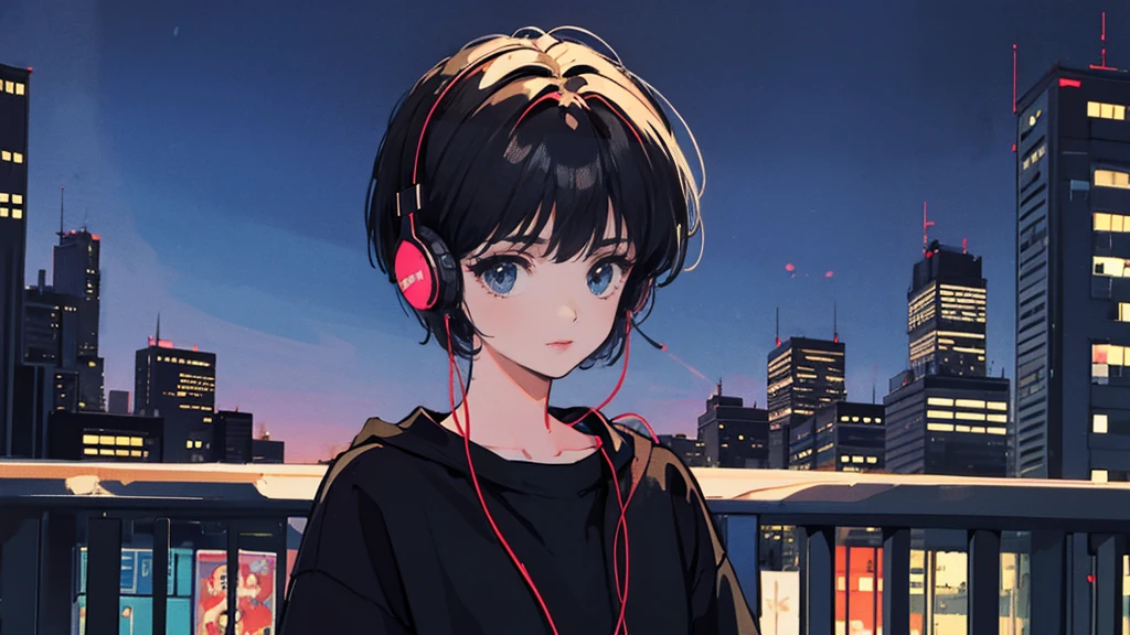 Black short Hair, Black Clothing, One Adult Woman  ,Blue headphones、 City、Delicate background、Masterpiece、night、dark、Nostalgic、壁