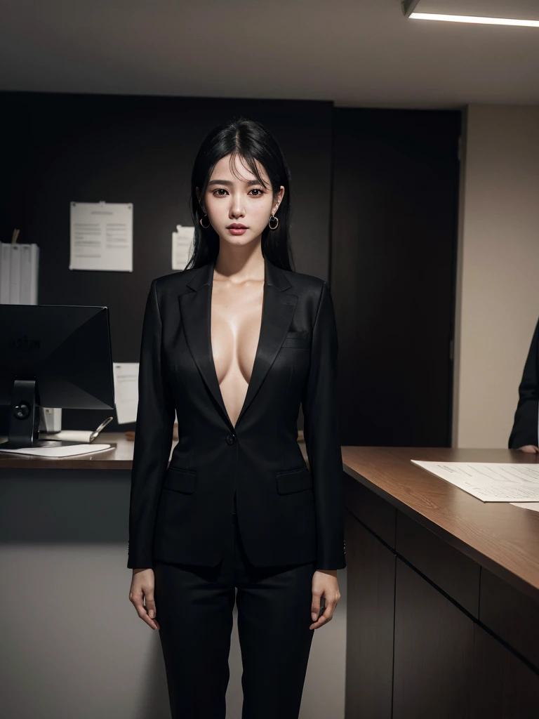 absurdres, RAW photo, extremely delicate and beautiful, masterpiece, Best Quality, ultra high resolution, 32k, hyperrealistic, ultra-detailed, in her 20s, delicate facial features, tearful mole, earring, big breasts, ((full body shot)), shorter middle hair, black hair, ((office lady suit)), blazer,