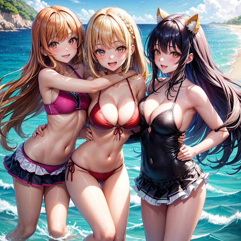Best Quality,,smile,blazer,middle School girls,Beautiful girl,Swimwear,bikini,Several girls are depicted,Harem,Idol Group,photo shoot,Long Hair,Highest quality,Big Breasts,Happy girl,Horny girl,Yellow Eyes,Perfect Face,Standing posture,Girls hugging each other,She has her bangs down,Beautiful Eyes,Ocean,Girls hugging each other,Smooth hair,Angel girl,Multi-colored hair,Naughty Girls,Beautiful girls,beautiful girl,loose socks