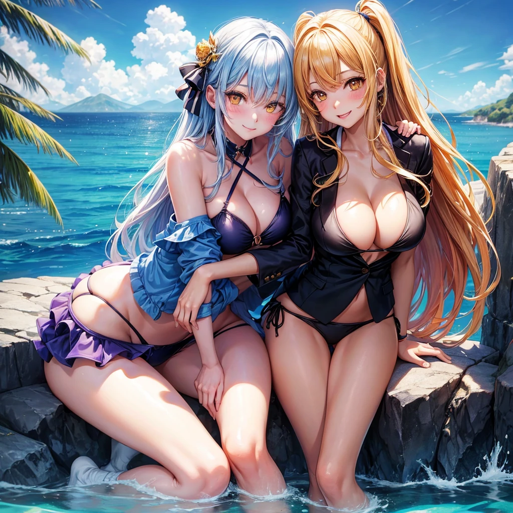 Best Quality，，smile，blazer， girls，Beautiful girl,Swimwear,bikini,Several girls are depicted，Harem，Idol Group，photo shoot，Long Hair，Highest quality，Big Breasts，Happy girl,Horny girl，Yellow Eyes，Perfect Face，Standing posture,Girls hugging each other，She has her bangs down，Beautiful Eyes,Ocean,Girls hugging each other,Smooth hair，Angel girl，Multi-colored hair，Naughty Girls，Beautiful girls，beautiful girl，loose socks