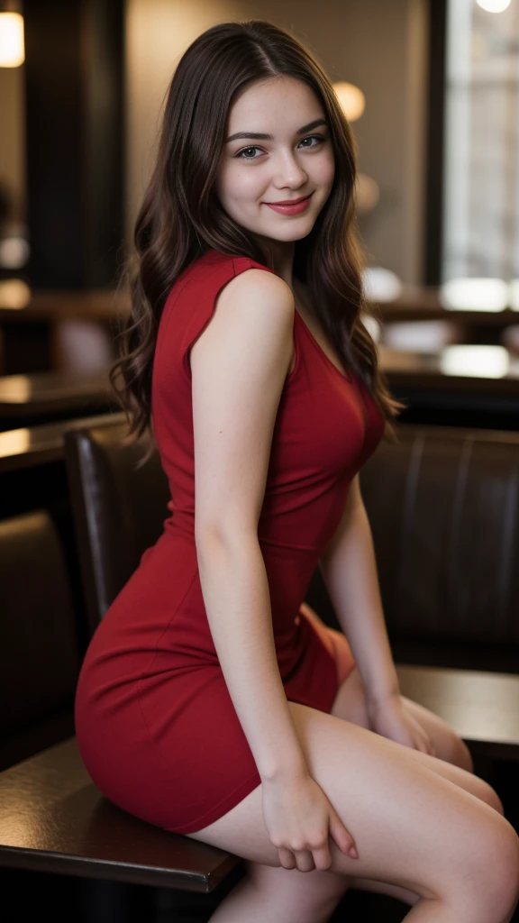 RAW photo, photo of 15 year old teen, (wavy brunette hair), (((red dress))), sitting in restaurant, legs croseed, pale skin, thick thighs, freckles, blemishes, lipstick, chubby, happy, smiling, masterpiece, photorealistic, 8k, uhd, sensual, sexy outfit, sexy pose, chubby, short height, short thick legs, thighs touching, 