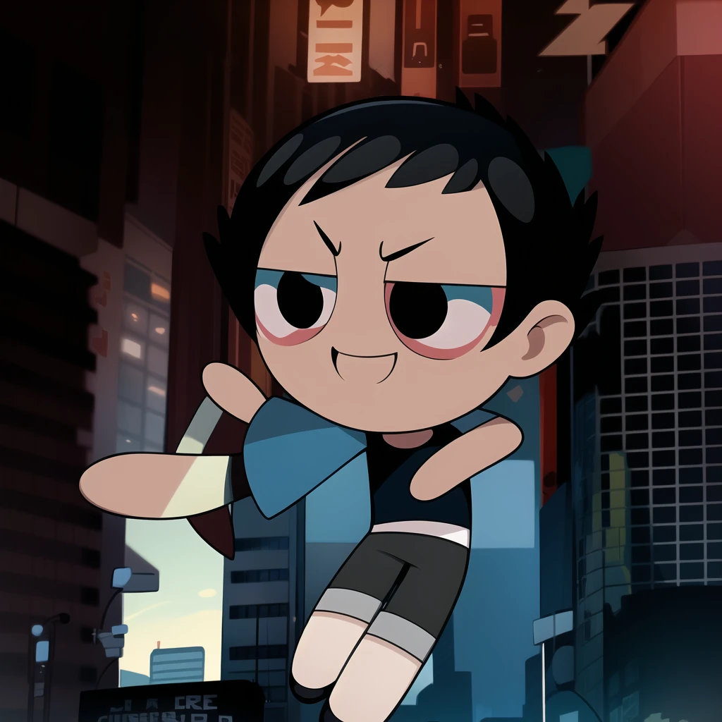 boy, shirt, short sleeves, pants, cute smile, full body, chibi, black hair, city background, (((Solo)))
