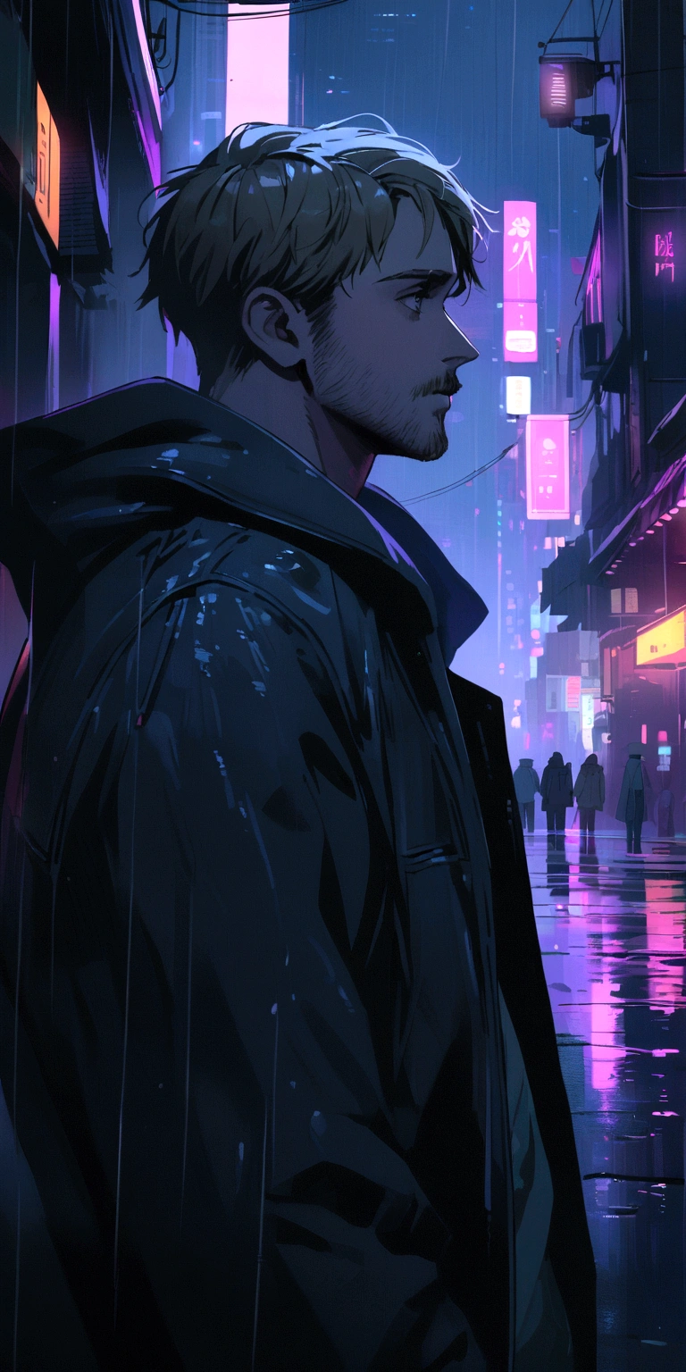 Ryan Gosling staring blankly in the rain in a cyberpunk city