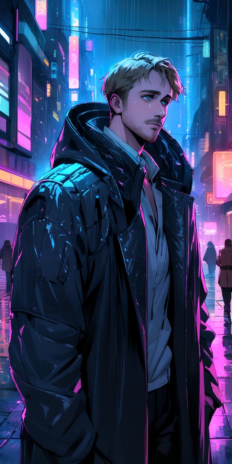 Ryan Gosling staring blankly in the rain in a cyberpunk city
