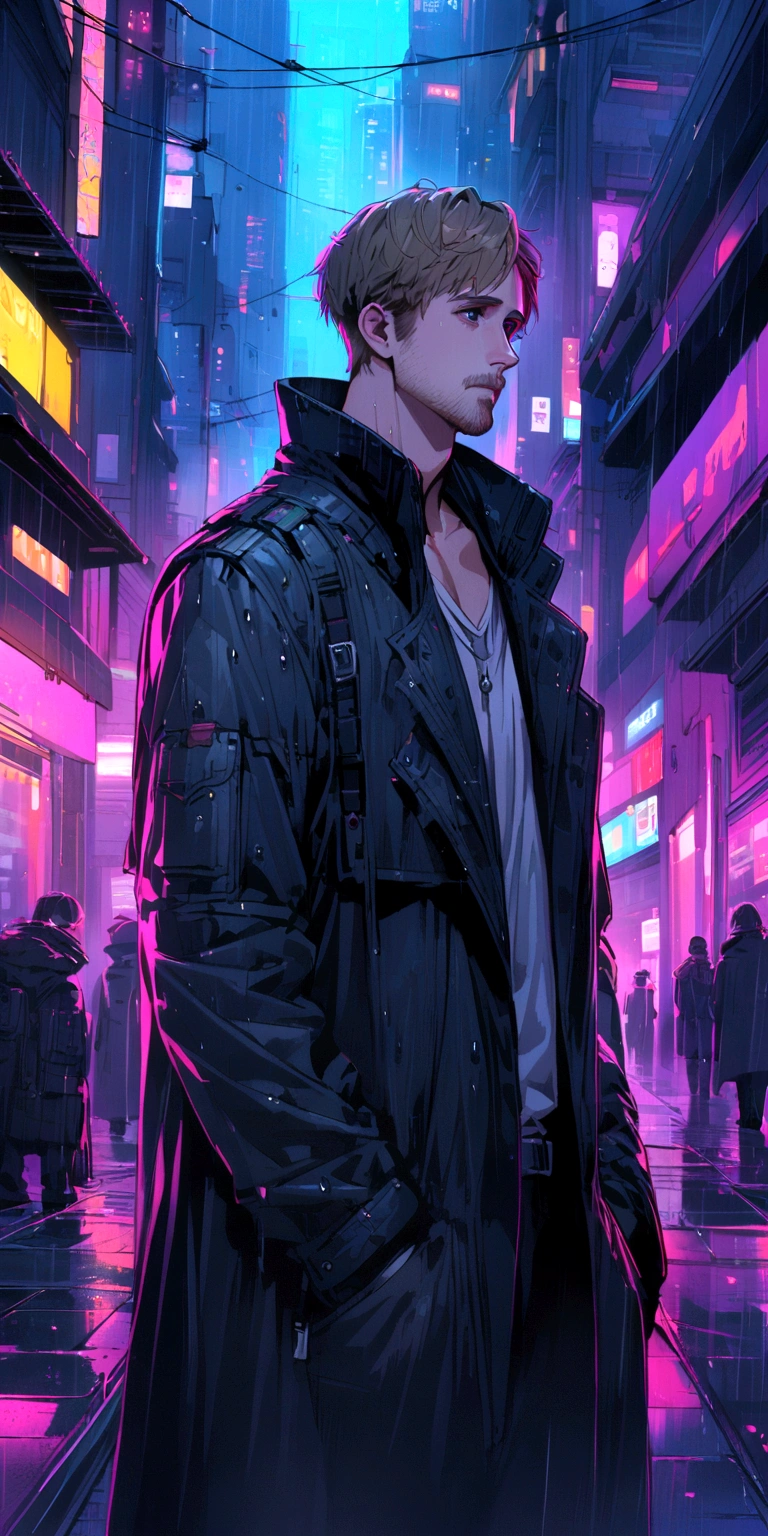 Ryan Gosling staring blankly in the rain in a cyberpunk city