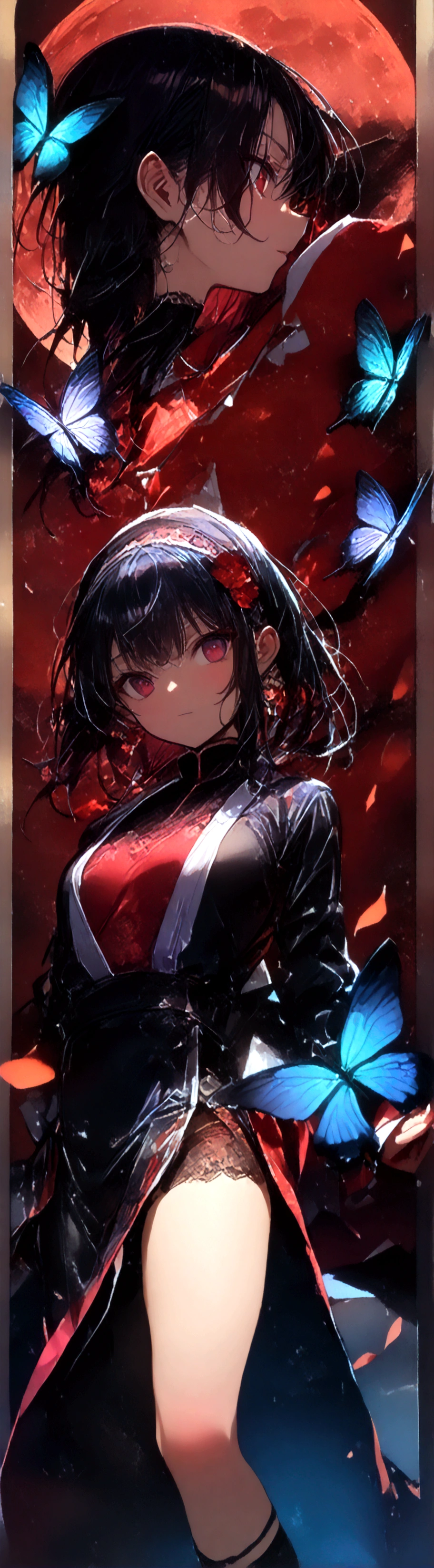 (((Enma Ai)))((15 years old))((female))((( 地獄少female)))((Long Black Hair))( ((Dark red eyes)))((( A black kimono with a blue butterfly pattern)))(((Background sunset red moon))((Background Higan Flower))))