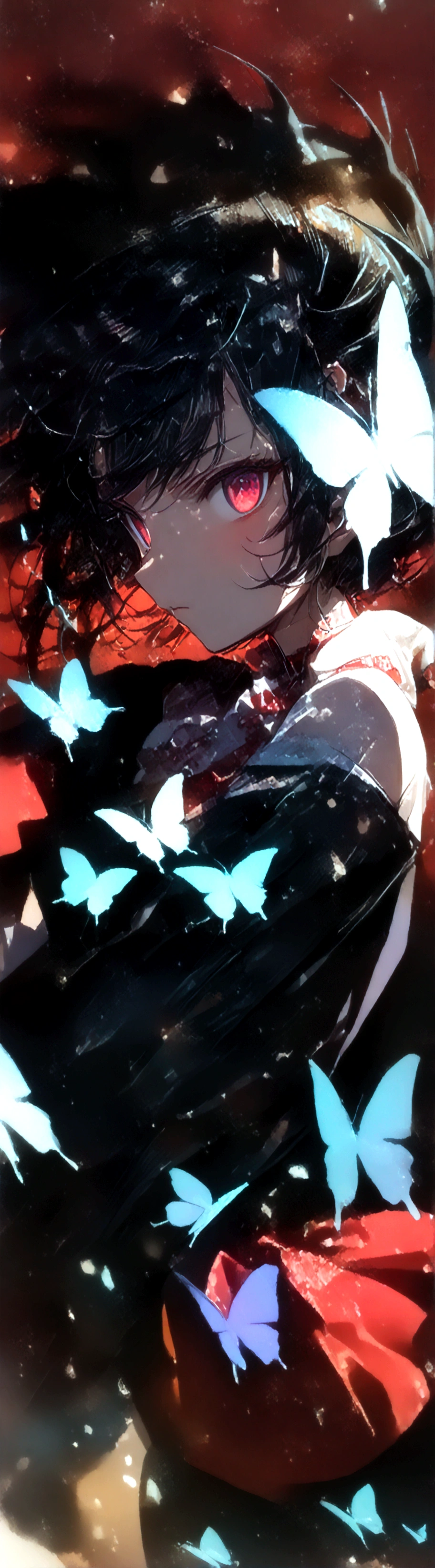 (((Enma Ai)))((15 years old))((female))((( 地獄少female)))((Long Black Hair))( ((Dark red eyes)))((( A black kimono with a blue butterfly pattern)))(((Background sunset red moon))((Background Higan Flower))))