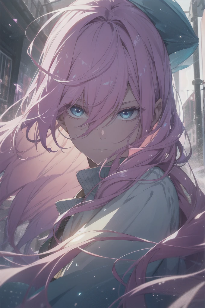 With pink hair and rainbow eyes,beautiful as a fairy,A melancholy expression that stirs affection,side face,floating hair,light particles,glare,vivid,fancy,dreamlike,a dim atomshpere,
