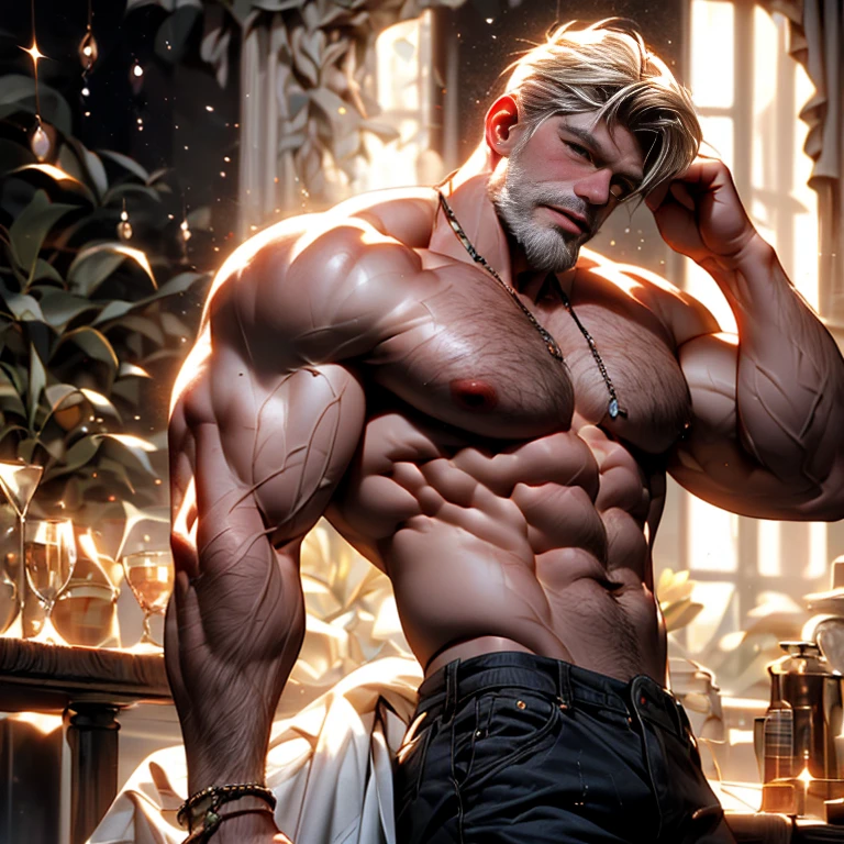 muscular handsome angel, long white hair, shirtless male, symmetrical wings, dancing in starry sky, (best quality,4k,8k,highres,masterpiece:1.2),ultra-detailed,(realistic,photorealistic,photo-realistic:1.37),cinematic lighting,concept art,dramatic,hyperrealistic,ethereal,glowing skin,muscular physique,chiaroscuro,dramatic lighting