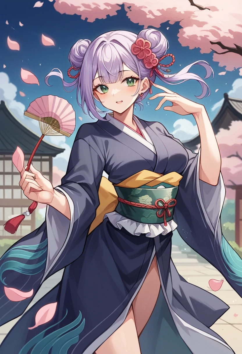 An 18-year-old Japanese girl with short, vibrant lavender hair and green eyes, small nose, wearing an aquamarine-colored Gothic kimono. She is dancing with a fan in a Japanese garden. The background features an outdoor garden setting with traditional elements. The scene is in anime style, high quality, with the girl being about 4 heads tall. The image is horizontal. Ensure her fingers look natural and correctly proportioned with the correct number of fingers, five on each hand. Correct the shape of her fingers to appear normal and natural. Focus on improving the fingers to look natural, have the correct number of fingers, and arrange them neatly. Correct the fingertips to appear accurate and natural, and ensure the length of the fingers is appropriate.