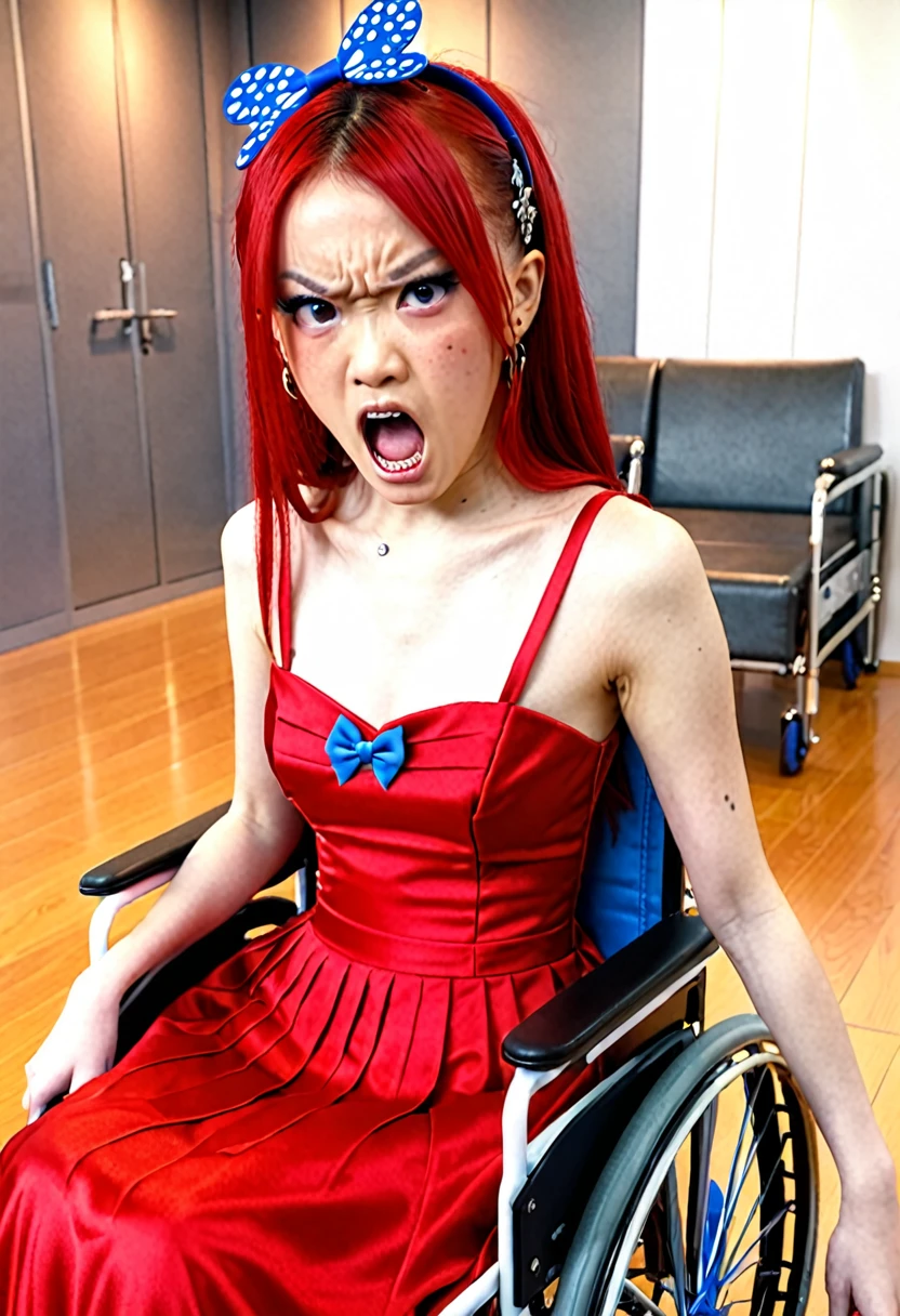 Uhd, photo of Cami, subject: Noriko, 1/2 Japanese 1/2 Hainu skinny girl in 2/00 a large red wheelchair with long red hair, blue+++ eyes, oval face, LGBTQIA+, queer, punk style, wearing red long dress, buttefly hairclip, tattooes. She is very angry and looks towards the camera.. She is shouting.