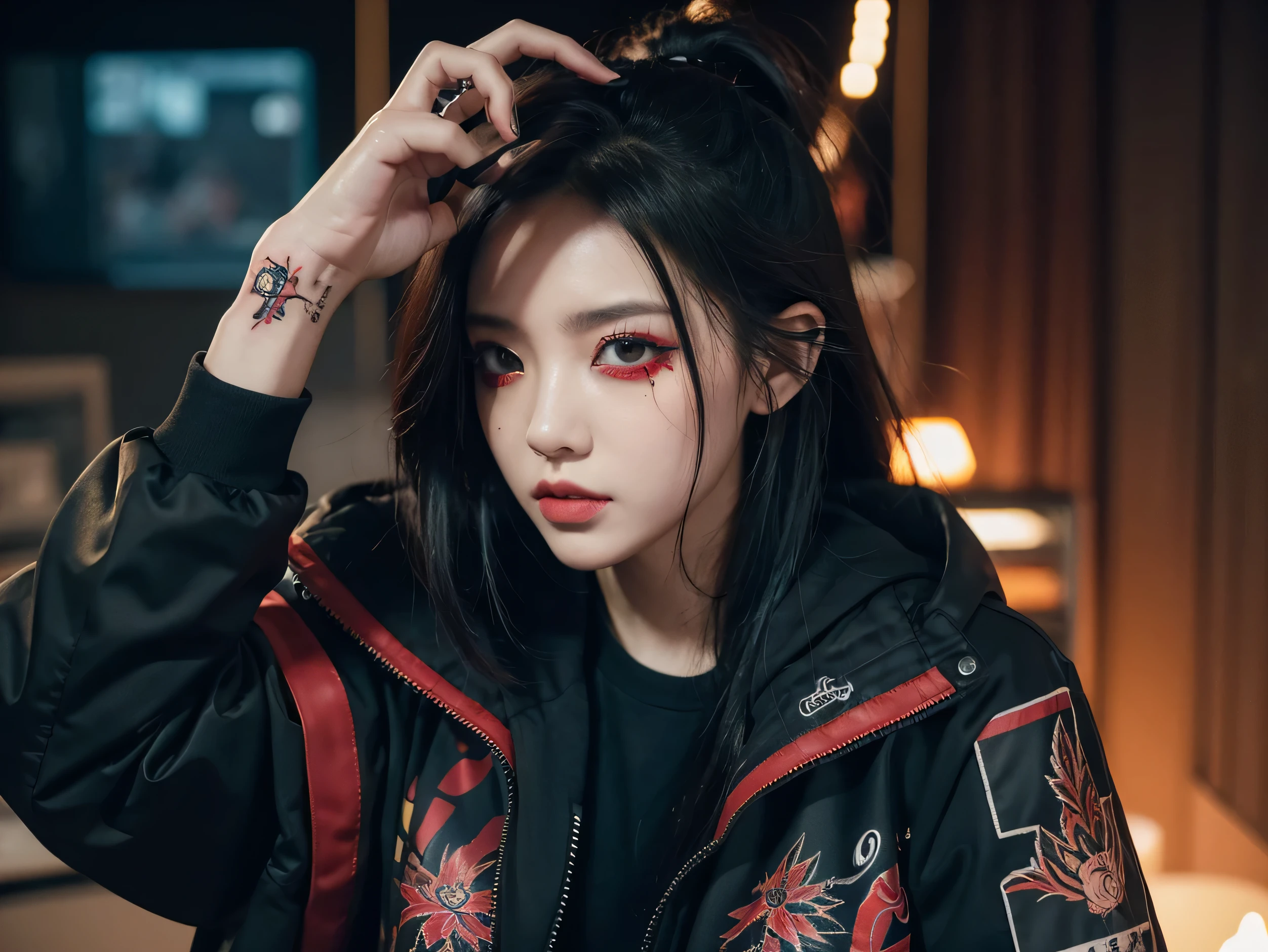 cyberpunk_(series) cyberpunk_Edgerunner Rebecca_(cyberpunk) high resolution spoiler 1girl artificial_eye black_jacket blood blood_~to서_eye blood_~to서_mouth color_sclera color_sk~to corpse death flower flower_~ 위to_eye 녹색_hair ((teacher)) jacket machine_eye 목_tattoo open_clothes are open_jacket petals p~tok_tattoo red_eye red_Sclera Signature Solo Above_tattoo symbols_~to_eye tattoo tw~totails twitter_username white_sk~to yellow_eye