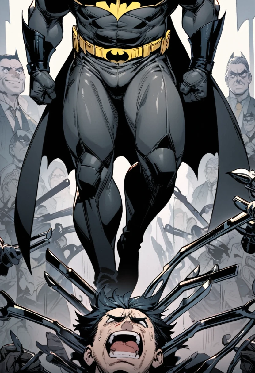 Batman, from front, super fine, lower body shot, middle-aged man, hunk, looking down and mouth wide open with shocked face, Batman's crotch get pinched by many tongs, Batman's crotch squeezed by many tongs,