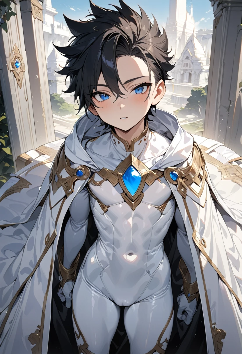 high quality,(best quality,4K,a high resolution,masterpiece:1.2),super detailed,(1 boy),(solo),juvenile,(Male juvenile),handsome and cute boy,black hair, spiked hair，light blue bodysuit ,Single photo,the white temple of light,magnificent palace background,Wearing a white cape behind