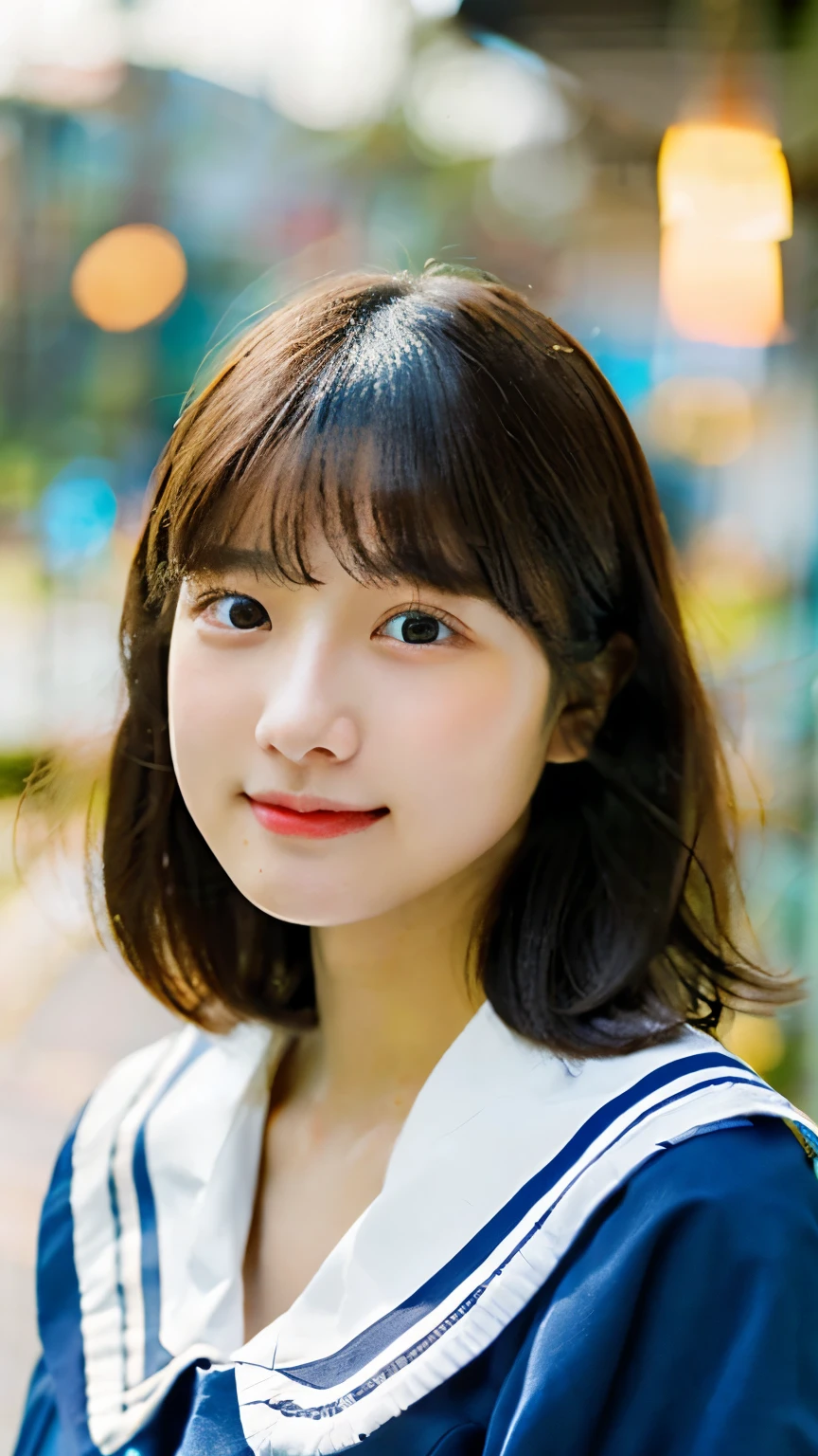 (masterpiece:1.2, Highest quality), (Realistic, photoRealistic:1.4), Beautiful illustrations, (Natural Side Lighting, Cinema Lighting), , View your viewers, 1 Girl, Japanese, Perfect Face, Perfect Anatomy, Cute and symmetrical face, Small face, Round face, Shiny skin, (short hair:1.4, Straight hair:1.5, Brown Hair), Swept-apart bangs, Grey Eyes, Long eyelashes, (Middle chest), thin, Beautiful Hair, Beautiful Face, Beautiful attention to detail, Beautiful clavicle, Beautiful body, Beautiful breasts, Beautiful thighs, Beautiful feet, Beautiful fingers, ((Detailed cloth texture, Cute long-sleeved blue sailor suit, Blue pleated skirt, White sailor collar)), (Beautiful views), Depth of written boundary, Daytime, (School), Are standing, (Cute smile, Open your mouth),Shot with Kodak Gold 400