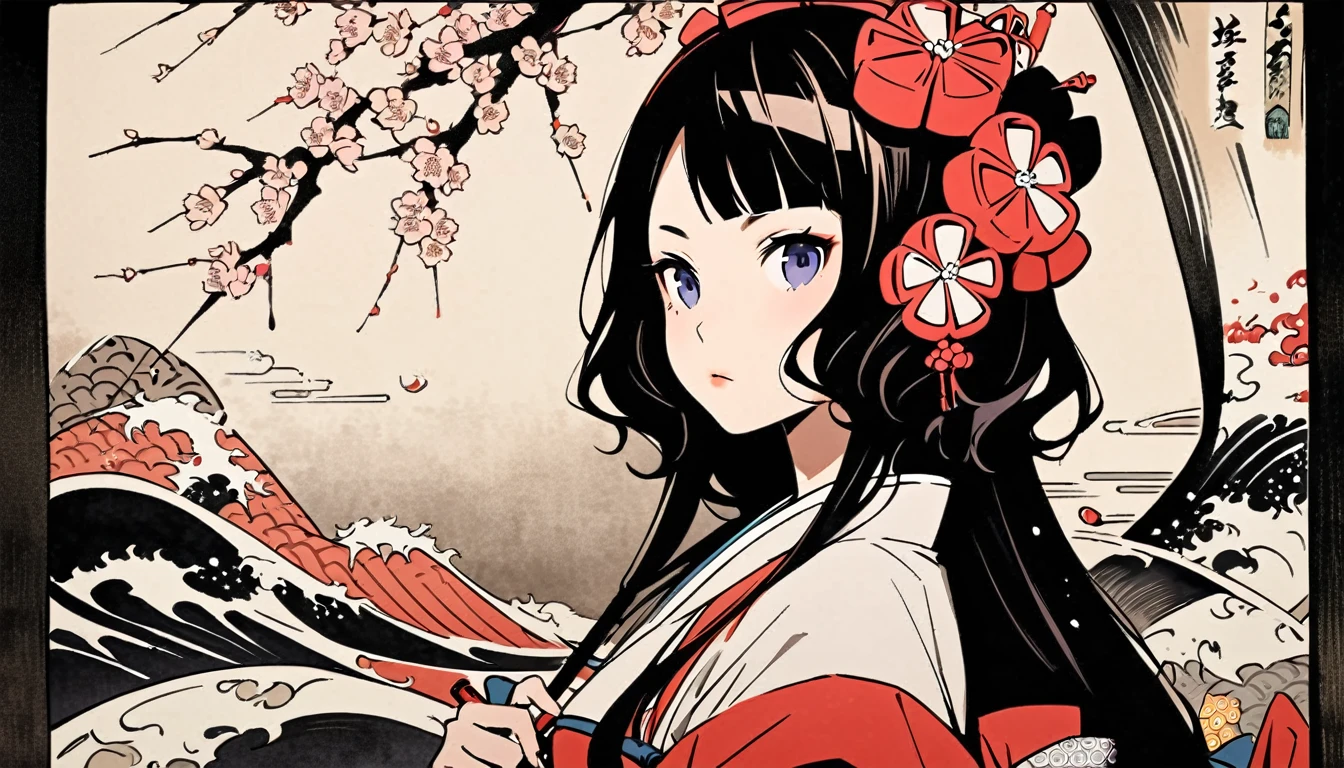 (((Highest quality))), (((Katsushika Hokusai))), (((Ink Painting))), ((very straight longhair)), ((1 girl)), ((cherry blossoms)), ((beautiful girl)), Japanese style headphones, Black Hair, Delicate and precise, Modern ukiyo-e style, umbrella