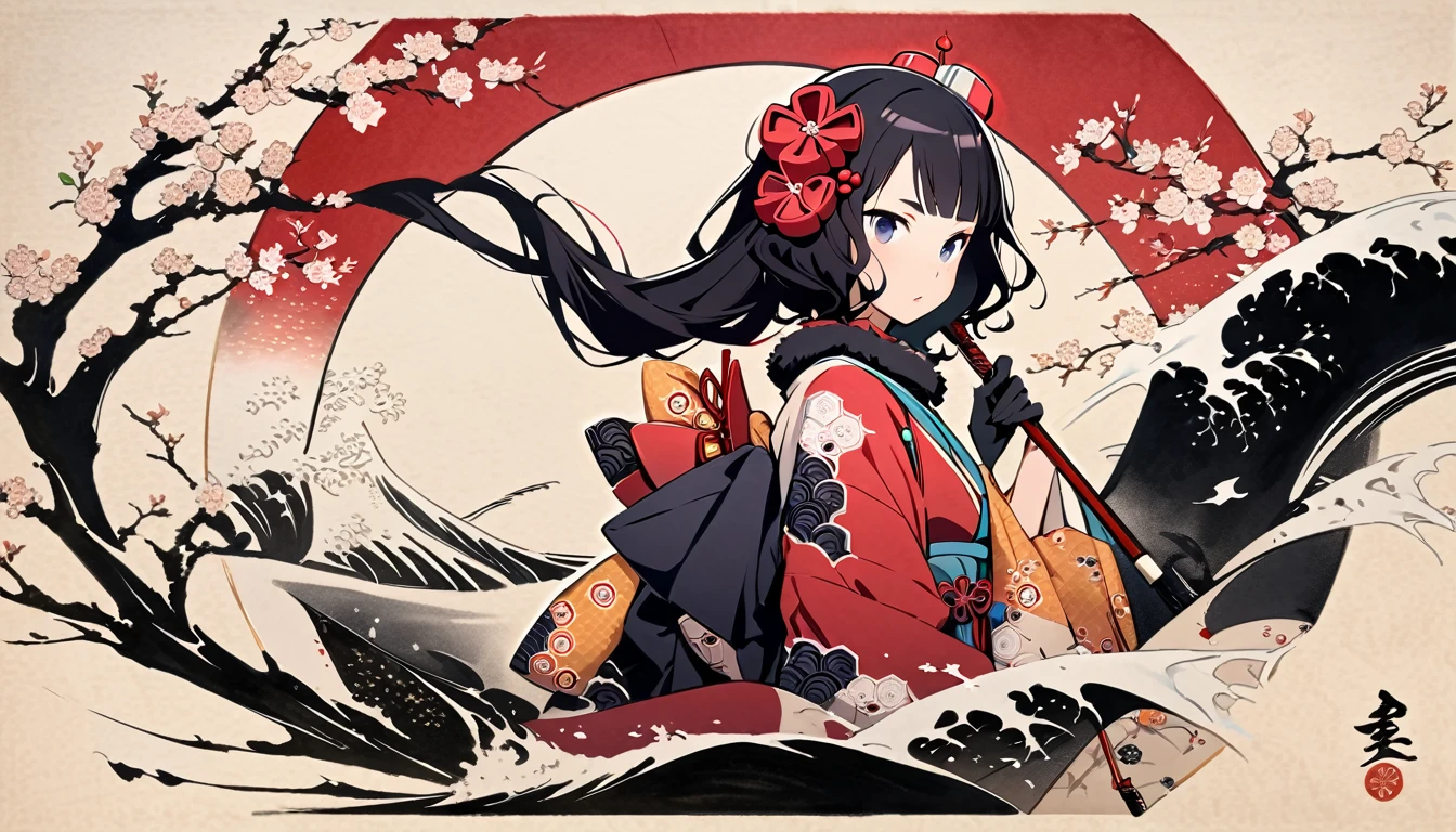 (((Highest quality))), (((Katsushika Hokusai))), (((Ink Painting))), ((very straight longhair)), ((1 girl)), ((cherry blossoms)), ((beautiful girl)), Japanese style headphones, Black Hair, Delicate and precise, Modern ukiyo-e style, umbrella
