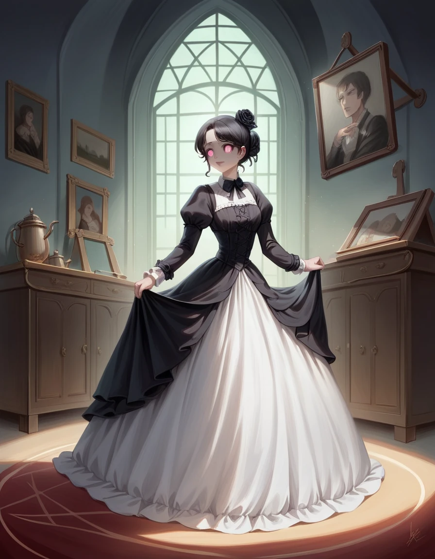 (best quality,4k,highres), pink-eyed,long black hair,girl looks happy,beautiful detailed eyes,beautiful detailed lips,long eyelashes,best quality portrait painting,detailed,physically-based rendering,ultra-fine painting,fine details,painting,a age boy has joined a witch coven and gets magically transformed into a cute teenwitch girl,gender bending,friendly witches are helping dressing up the new girl,she’s happily getting dressed in a stunning black victorian dress, physically-based rendering,gorgeous dress design,flowing gown,elaborate lace details,rich textures,contrast stitching,delicate ribbon bows,floral accents,full skirt,high neckline,long sleeves,fitted waistline,flared cuffs,lace-up back,imperfect fabrics,flawless silhouette,high heels, pink-eyed girl,effeminate face,pointy hat,long black hair,witches assisting in dressing up the new girl,promptly helps the new girl getting dressed in a stunning black Victorian dress,inside an abandoned castle, moonlit night with a full moon shining above, soft and ethereal lighting, magic pot, potions on a shelf, pentagram, high resolution, 4K, 8K