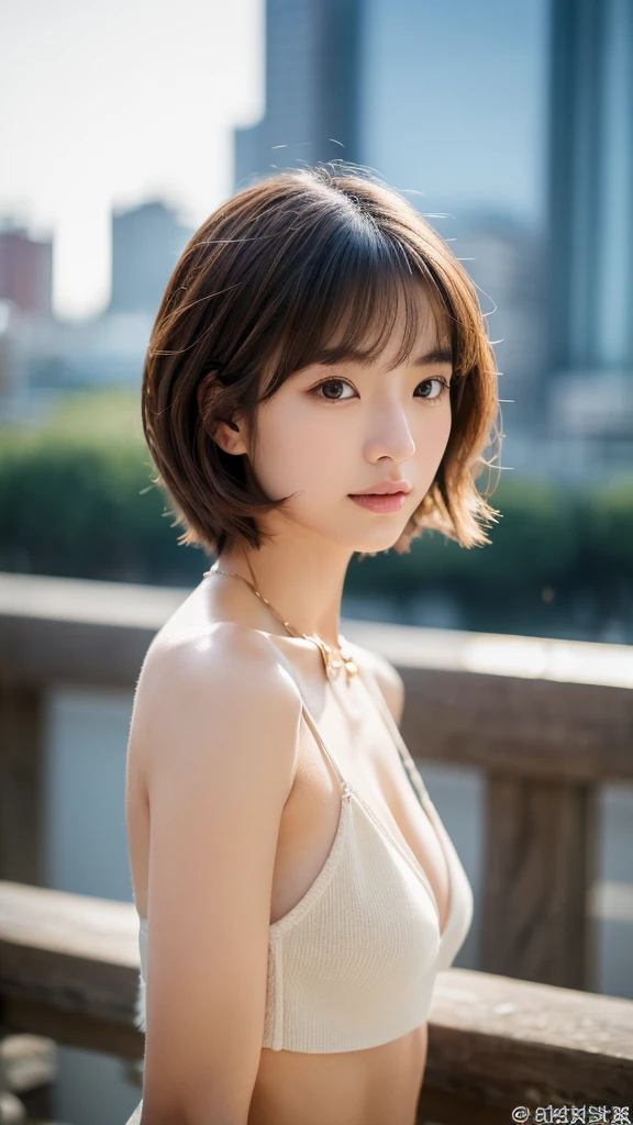 (top-quality、8K、32K、masterpiece、nffsw:1.2)、Photo of a cute Japanese woman、middlebreast、Wolf Cut Hair、Brown-haired shorthair,FULL BODYSHOT、sface focus、v neck skimpy top with breasts cleavage 、a necklace、From above、looking at the viewers、extremely delicate face, Skin and hair,well-muscled,A slender,High Style,high-level image quality、The background is in the city, seductive eyes